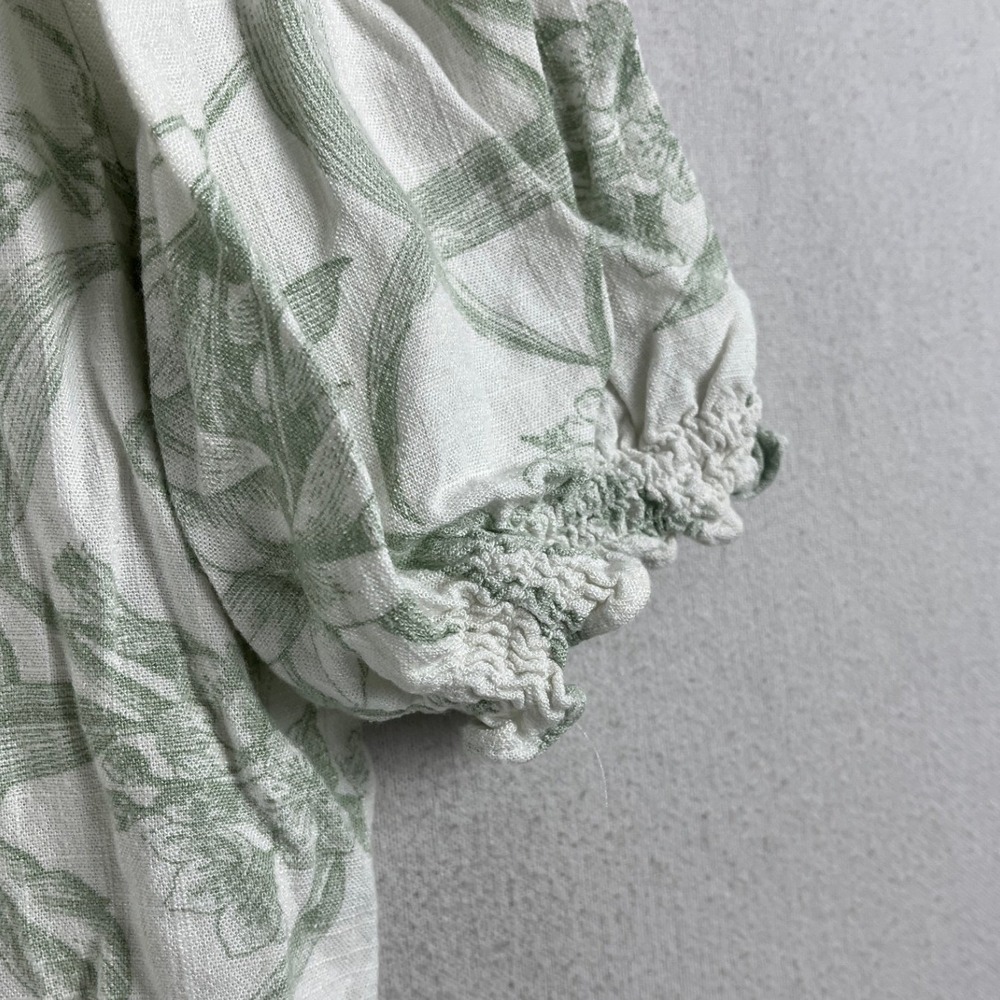 Sage Green Floral Linen Blend Smocked Puff Sleeve Blouse Size Large - Picture 9 of 10